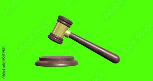 3d gavel and hammer animation on green screen,3d judge hammer,3d render animated wooden hammer hitting on a wooden block or table in order to get people's attention during the meeting