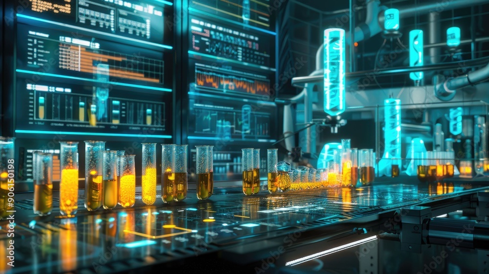 Medical research lab with glowing test tubes and digital charts Medical research lab with glowing test tubes and digital charts