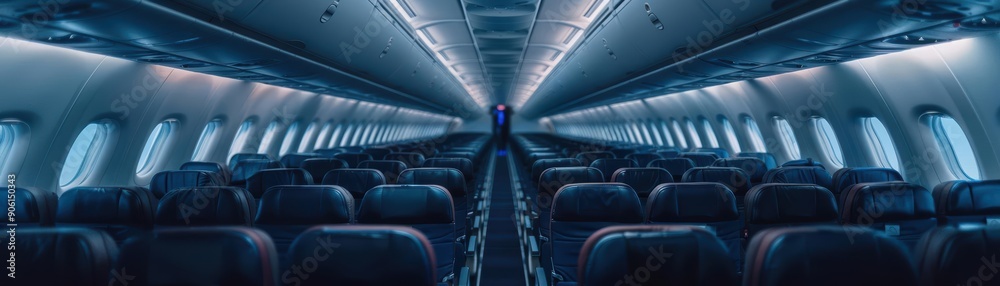 Fototapeta premium Empty airplane cabin with blue seats and overhead compartments