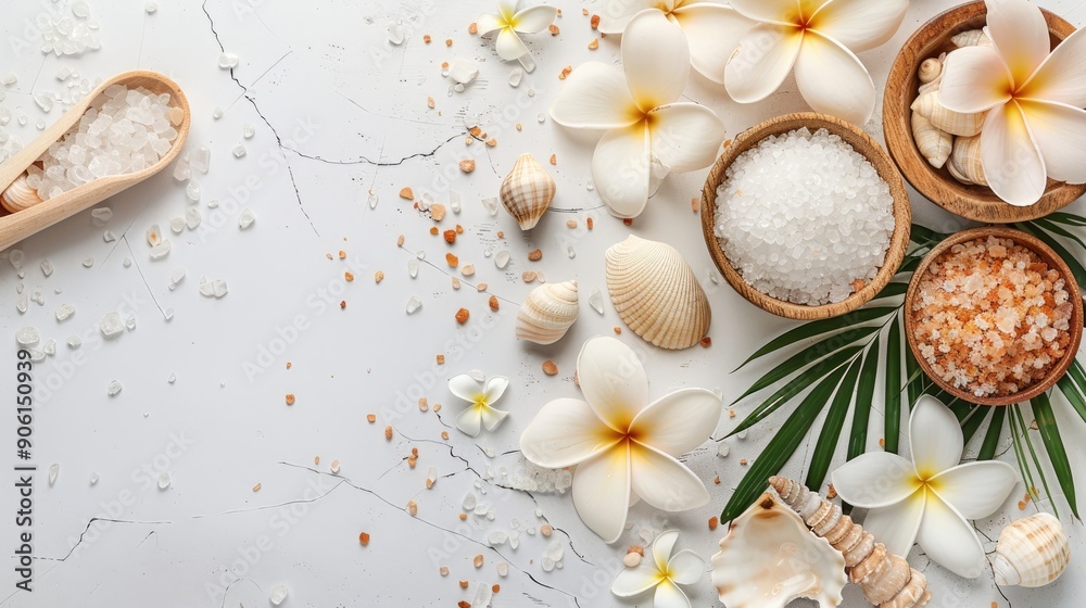 Arrangement of spa items on white background with sea salt shells and flowers on round copy space Arrangement of spa items on white background with sea salt shells and flowers on round copy space