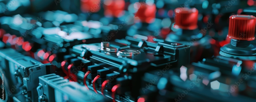 Fototapeta premium Close-up of a circuit board with red knobs and wires. Technology, electronics, hardware.