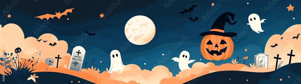 Fototapeta premium Happy Halloween banner or party invitation background with clouds, bats and pumpkins. Vector illustration. sky, spiders web.illustration.