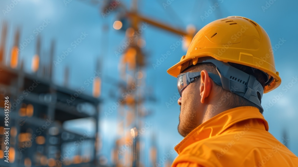 Construction Worker in Hard Hat at Building Site Construction Worker in Hard Hat at Building Site