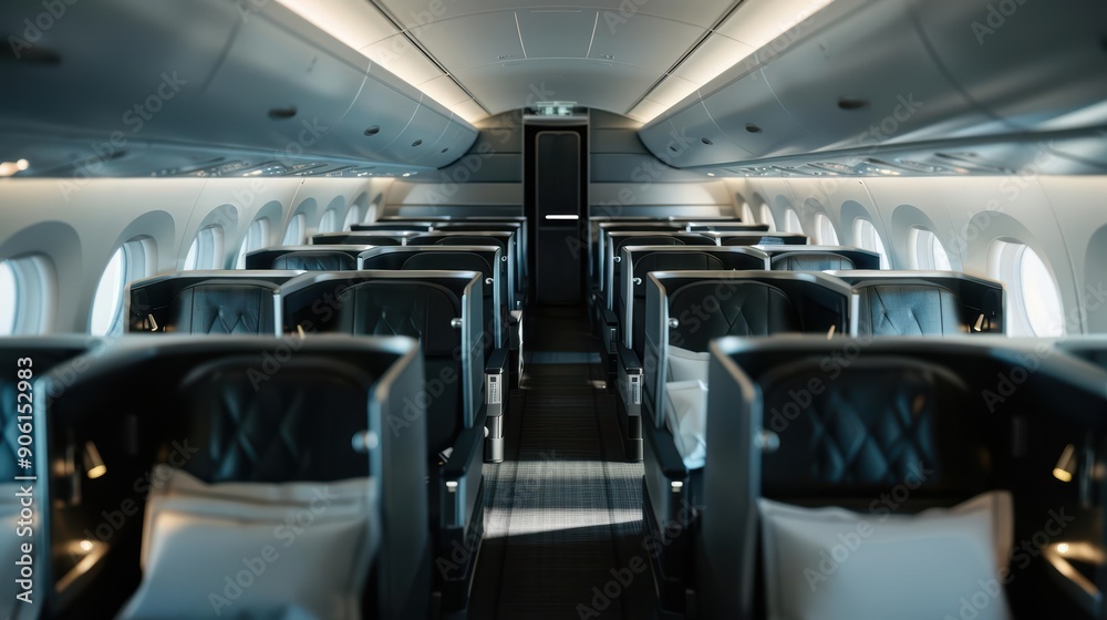 Empty luxury airplane cabin with comfortable seats.