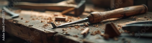 Close up of a wooden workbench with a chisel and wood shavings.