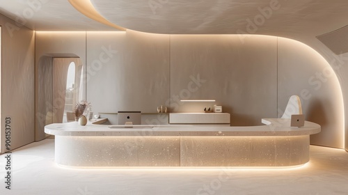 Minimalist office interior with ergonomic furniture and soft lighting