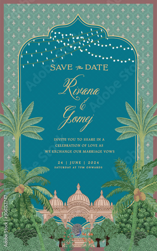 Mughal invitation card design with Mughal temple, peacock, tropical trees, and flowers vector illustration.