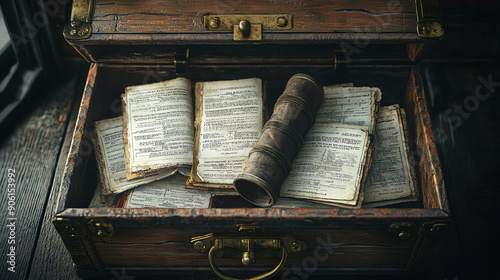 Ancient Wooden Chest Filled With Old Manuscripts and a Magnifying Glass in a Dimly Lit Room photo