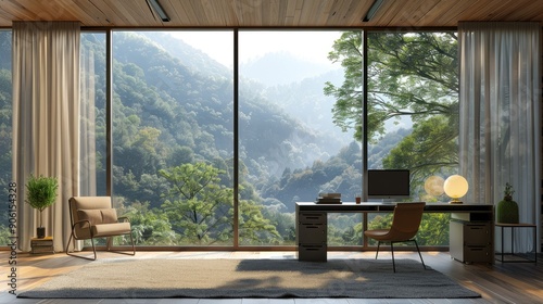 Minimalist study space with a large window view of nature