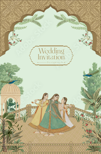 Mughal Arch Wedding Invitation Design. Women are dancing on wedding ceremony vector illustration.