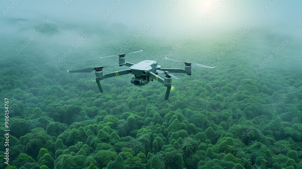 Naklejka premium Drone Flying Over Lush Green Forest