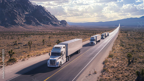 Long Haul Truckers Driving Through Desert Mountains Under a Bright Sky