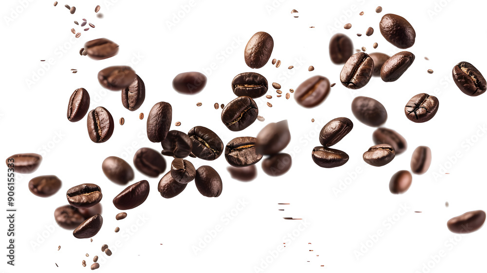 Obraz premium falling roasted brown coffee beans on white background,generative ai