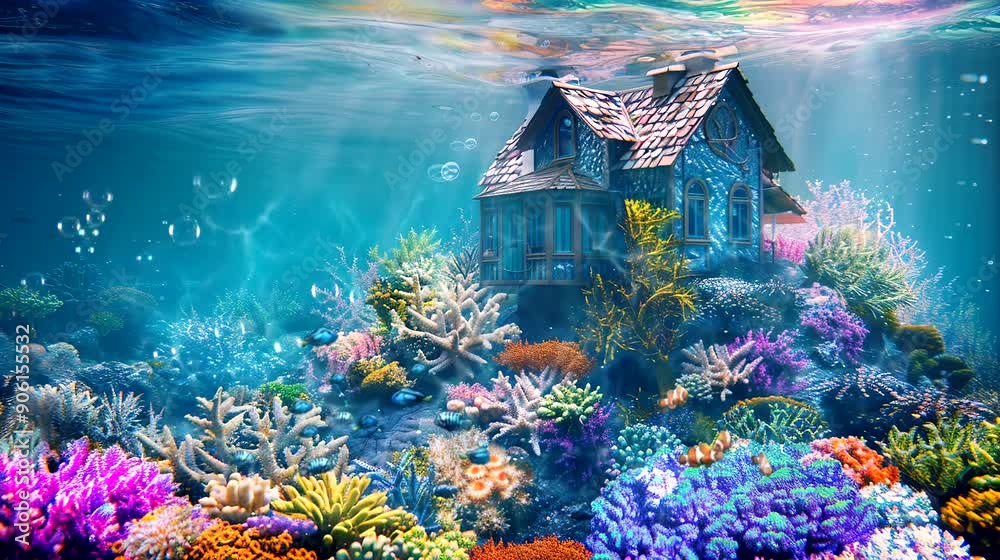 A mermaid's house sits on the ocean floor. Seamless looping time lapse 4k video animation background