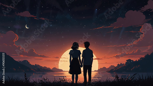 Lofi illustration of a couple holding hands at sunset evening sky by the lake 