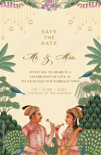 Mughal Wedding Card Design. Invitation card with tropical trees, peacock, king and queen, colorful flowers and yellow background for printing vector illustration.
