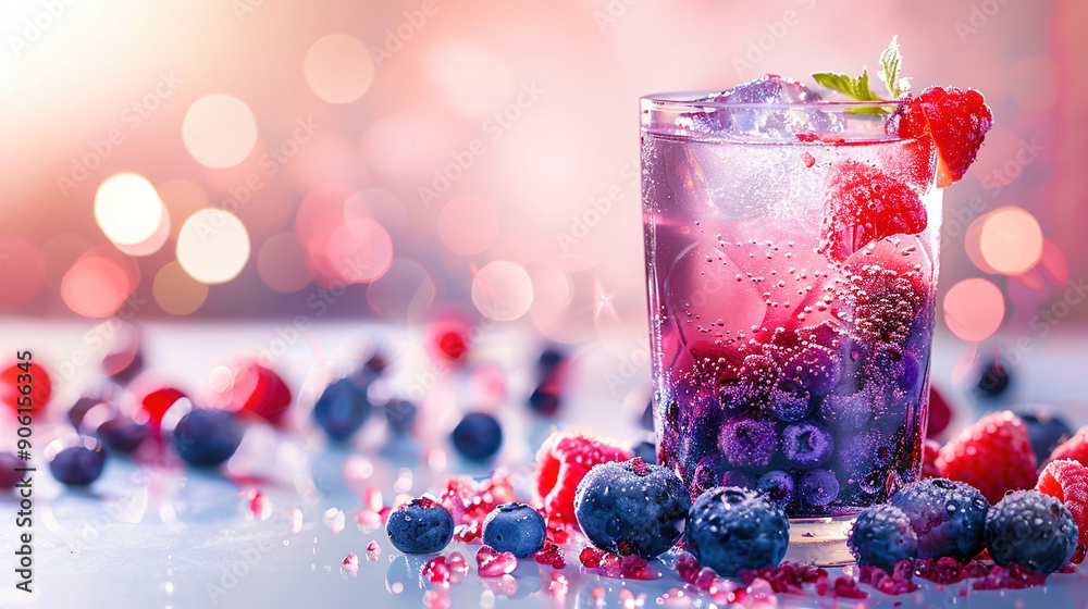 Colorful summer drink with fresh berries and mint on bright background. Colorful fruit juice or smoothie in a glass cup with blueberries, strawberries, lemons and blackberries. Colorful summer drink with fresh berries and mint on bright background. Colorful fruit juice or smoothie in a glass cup with blueberries, strawberries, lemons and blackberries.