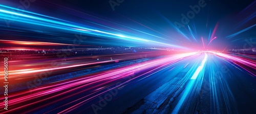 Nighttime Velocity: A Dynamic Illustration of Accelerating Motion on a Road, with Light Trails and Stripes Cutting Through the Darkness in Abstract Blue.