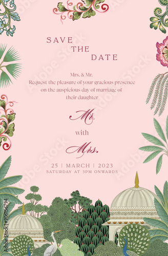 Mughal Wedding Card Design for Invitation. Invitation card with tropical trees, peacock, Mughal arch, colorful flower, and pinkish background for printing vector illustration.
