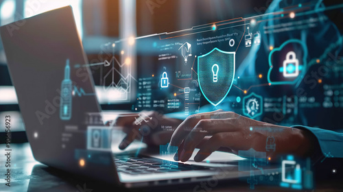 Business Professional Using Laptop with Security Icons and Safety Analytics, Blurred Background, Canon EOS R5