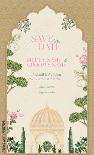 Mughal Wedding Invitation Card Design. Invitation card for printing vector illustration.