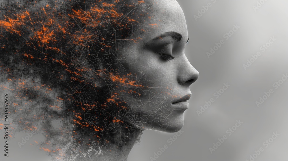 Surreal Female Portrait in Black and White with Orange Accents - Ideal for Artistic and Conceptual Themes Surreal Female Portrait in Black and White with Orange Accents - Ideal for Artistic and Conceptual Themes