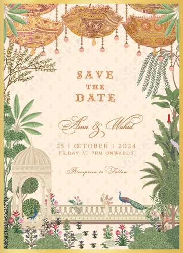Traditional Indian Wedding Invitation Card Design. Rajasthani Jaipuri wedding decorative colorful umbrellas, an arch, peacocks, and tropical trees. Vector illustration.