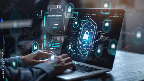 Business Professional Using Laptop with Security Icons and Safety Analytics, Blurred Background, Canon EOS R5