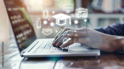Person Typing on Laptop with Education Icons Floating Above, Blurred Background