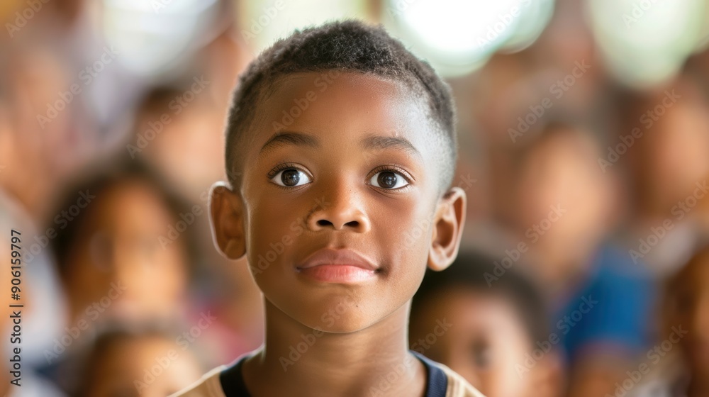 African american boy looking proud at a school assembly, wide, copy space African american boy looking proud at a school assembly, wide, copy space