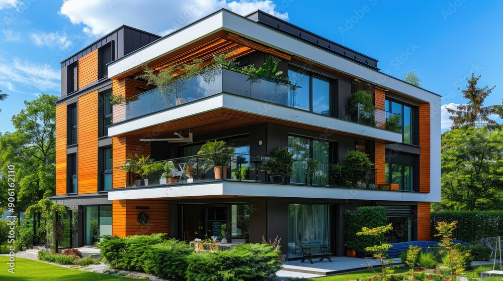 Modern residential building with eco-friendly design elements Modern residential building with eco-friendly design elements
