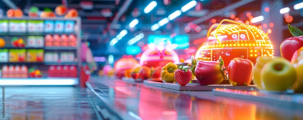 Naklejka premium Futuristic retail environment with holographic product displays and IoT-connected inventory management, highlighting the enhanced shopping experience through advanced technology, with copy space for