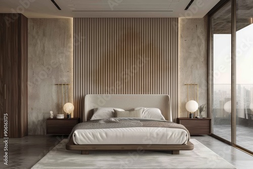 Minimalist Modern Bedroom Interior with Vertical Panel Accent Wall and Brass Framed Headboard, Complemented by Dark Wood Furniture and Glass Balcony Door.