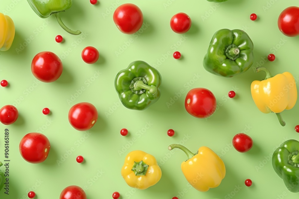 Colorful bell peppers and red tomatoes pattern on pastel green background, top view Colorful bell peppers and red tomatoes pattern on pastel green background, top view
