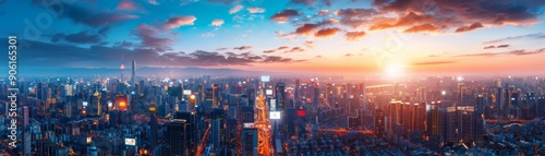 Futuristic cityscape with smart infrastructure, advanced transportation systems, and digital signage, illustrating the integration of technology into urban environments, with copy space for text