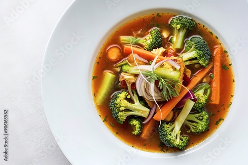 A scrumptious and colorful vegetable soup appetizer, beautifully presented on a white plate photo