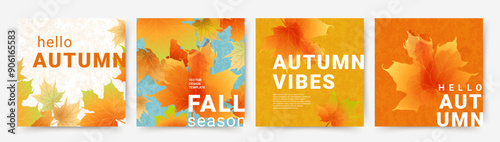 Autumn abstract backgrounds with bright beautiful maple leaves. Fall art design templates for card, social media, celebration, branding, banner, cover, poster, sale, advertising, print, packaging