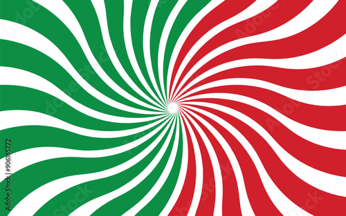 Vibrant Spiraling Retro Sunburst Italian Flag Abstract Background in green, white, and red.