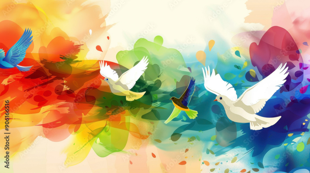 Fototapeta premium International Tolerance Day. Flying doves of peace on multi-colored background. Horizontal banner. Copy space. Concept of racial equality, diverse culture. Anti-racism. Multicultural society. Stop war