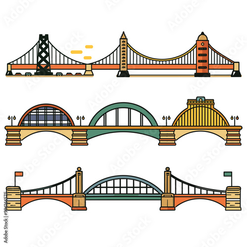 Three stylized bridges architecture illustrations, colorful flat design, isolated white background. Cartoon bridges representing engineering, transport connections, cityscape elements. Simplified