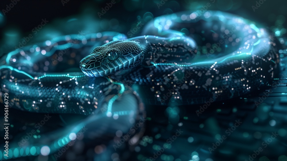 A digital snake symbolizing Python automation, surrounded by code and data streams. A digital snake symbolizing Python automation, surrounded by code and data streams.