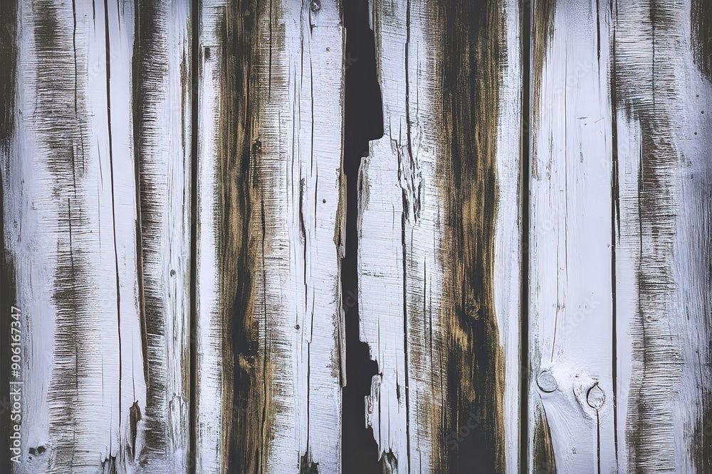 Obraz premium A striking image of a weathered, white wooden board with decayed, peeling paint and textured surface