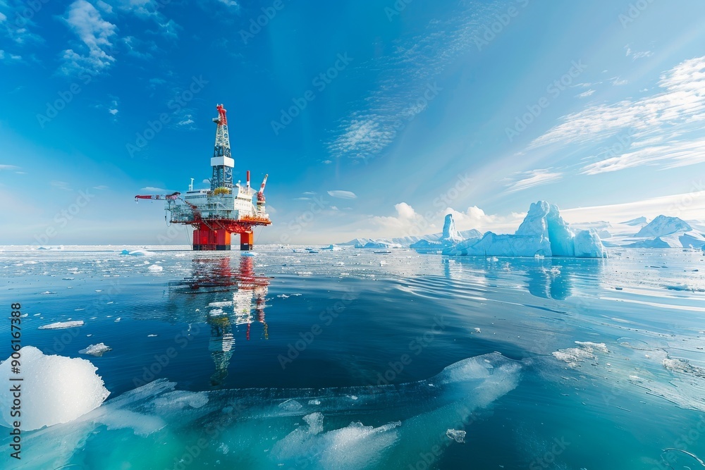 custom made wallpaper toronto digitalAn oil rig stands in a frozen ocean landscape, surrounded by icebergs and a bright blue sky.