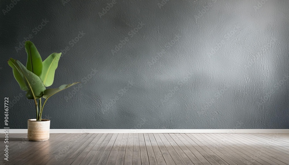3D Rendered Interior: Dark Gray Stucco Wall and Potted Plant in Empty Room 3D Rendered Interior: Dark Gray Stucco Wall and Potted Plant in Empty Room