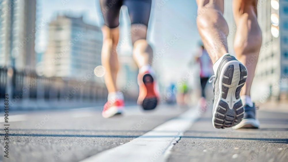 Fototapeta premium Close-Up of Athletic Feet Running on Urban Road