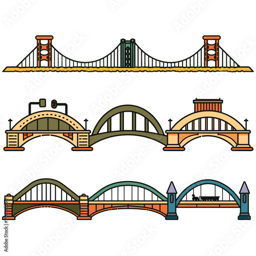 Six various bridges illustrated colorful, flat design style. Bridges, arches, suspension, beam detailed architecture engineering. Collection bridges isolated white background urban infrastructure