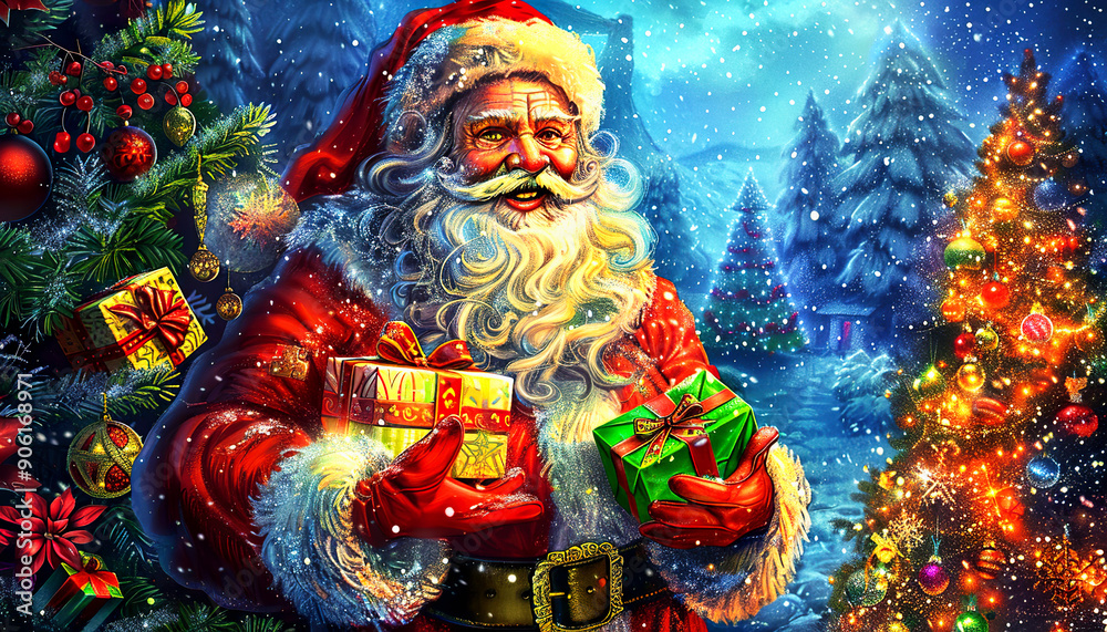 Santa Claus Holding Gifts in a Winter Wonderland Santa Claus Holding Gifts in a Winter Wonderland