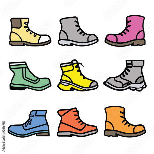 Collection various colorful boots, nine different styles colors, fashion footwear illustration. Cartoon boots, casual trendy, isolated white background, fashion accessory drawing. Bold outlines flat