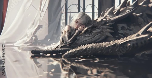 A serene digital painting of a white-haired girl resting on a tame dragon’s head in a castle filled with scattered flower petals