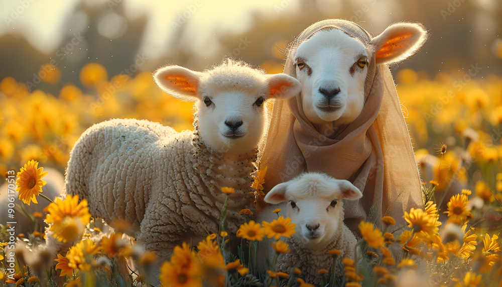 Sheep and two lambs grazing in flowery field. Sheep and two lambs grazing in flowery field.